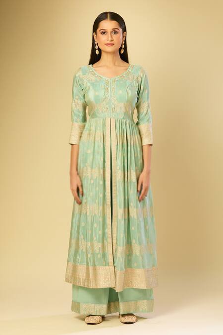 Samyukta Singhania Green Polyester Zari Round Neck Woven Slit Anarkali And Palazzo Set Online at Aza Fashions Samyukta Singhania_Green Polyester Zari Round Neck Woven Slit Anarkali And Palazzo Set_Online_at_Aza_Fashions