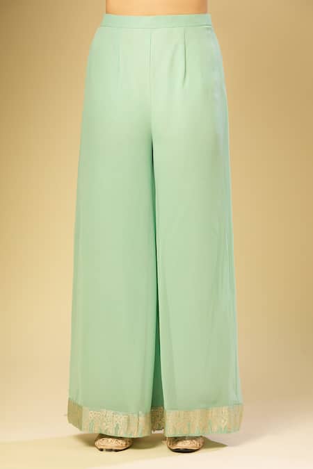 Buy Samyukta Singhania Green Polyester Zari Round Neck Woven Slit Anarkali And Palazzo Set Online at Aza Fashions Buy_Samyukta Singhania_Green Polyester Zari Round Neck Woven Slit Anarkali And Palazzo Set_Online_at_Aza_Fashions