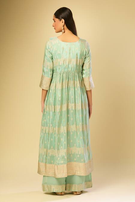 Shop Samyukta Singhania Green Polyester Zari Round Neck Woven Slit Anarkali And Palazzo Set at Aza Fashions Shop_Samyukta Singhania_Green Polyester Zari Round Neck Woven Slit Anarkali And Palazzo Set_at_Aza_Fashions
