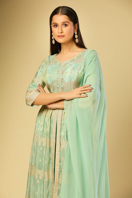 Shop Samyukta Singhania Green Polyester Zari Round Neck Woven Slit Anarkali And Palazzo Set Online at Aza Fashions Shop_Samyukta Singhania_Green Polyester Zari Round Neck Woven Slit Anarkali And Palazzo Set_Online_at_Aza_Fashions