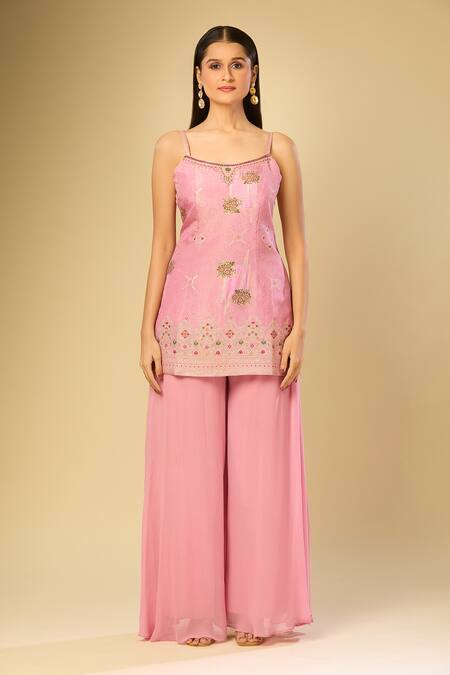 Samyukta Singhania_Pink Chiffon Embroidery, Beads Square Neck Floral Vine Woven Kurta Palazzo Set_Online_at_Aza_Fashions