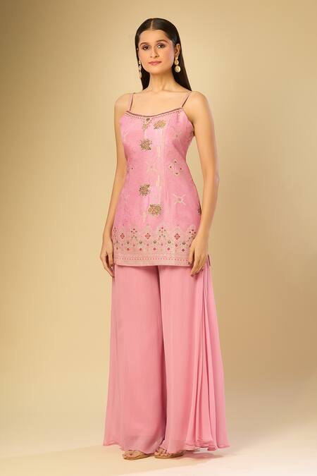 Buy_Samyukta Singhania_Pink Chiffon Embroidery, Beads Square Neck Floral Vine Woven Kurta Palazzo Set_Online_at_Aza_Fashions