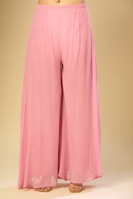 Shop_Samyukta Singhania_Pink Chiffon Embroidery, Beads Square Neck Floral Vine Woven Kurta Palazzo Set_Online_at_Aza_Fashions