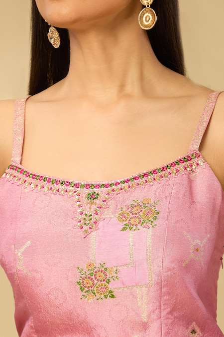 Samyukta Singhania_Pink Chiffon Embroidery, Beads Square Neck Floral Vine Woven Kurta Palazzo Set_at_Aza_Fashions