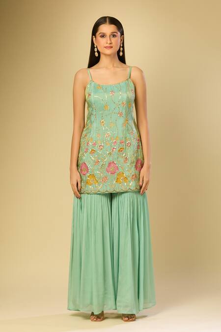 Samyukta Singhania_Green Silk, Chiffon Embroidery, Sequins Round Neck Floral Kurta Palazzo Set_Online_at_Aza_Fashions