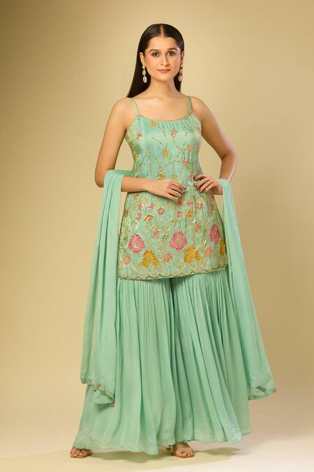 Buy_Samyukta Singhania_Green Silk, Chiffon Embroidery, Sequins Round Neck Floral Kurta Palazzo Set_Online_at_Aza_Fashions