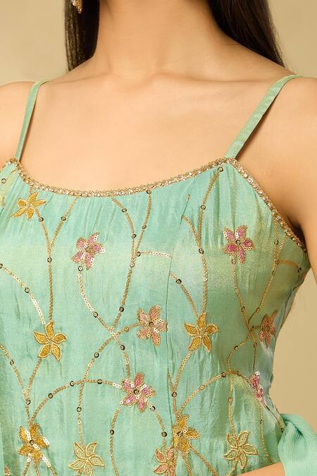 Shop_Samyukta Singhania_Green Silk, Chiffon Embroidery, Sequins Round Neck Floral Kurta Palazzo Set_Online_at_Aza_Fashions