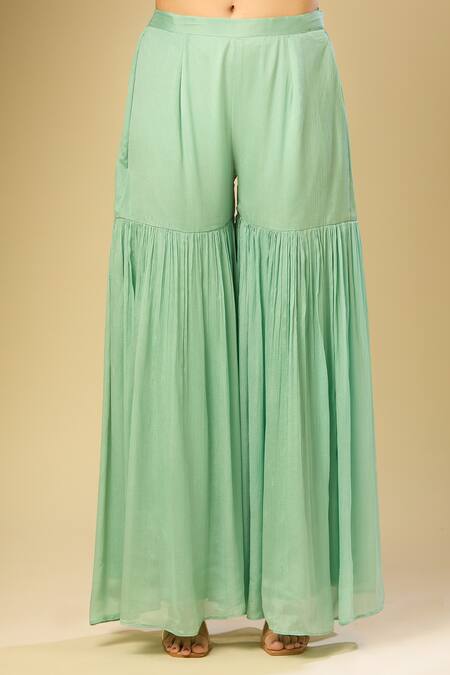 Samyukta Singhania_Green Silk, Chiffon Embroidery, Sequins Round Neck Floral Kurta Palazzo Set_at_Aza_Fashions