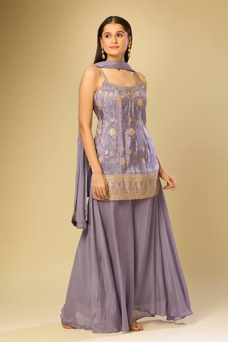 Buy_Samyukta Singhania_Purple Chiffon Embroidery Square Neck Woven Floral Vine Kurta Palazzo Set_Online_at_Aza_Fashions