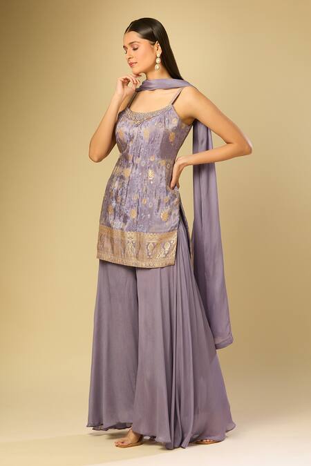 Samyukta Singhania_Purple Chiffon Embroidery Square Neck Woven Floral Vine Kurta Palazzo Set_at_Aza_Fashions
