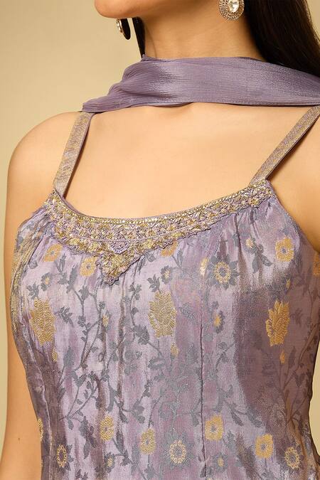 Buy_Samyukta Singhania_Purple Chiffon Embroidery Square Neck Woven Floral Vine Kurta Palazzo Set