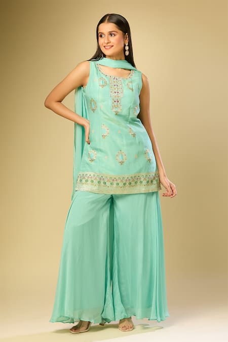 Samyukta Singhania_Green Cotton Sequins Round Neck Woven Floral Drop Pattern Kurta Palazzo Set_Online_at_Aza_Fashions