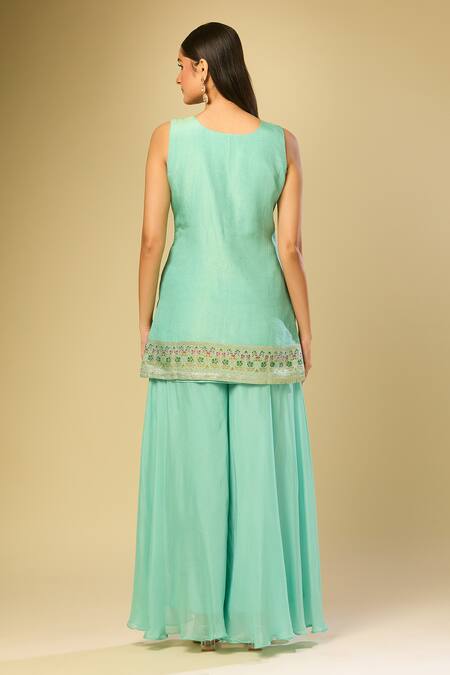 Shop_Samyukta Singhania_Green Cotton Sequins Round Neck Woven Floral Drop Pattern Kurta Palazzo Set_at_Aza_Fashions