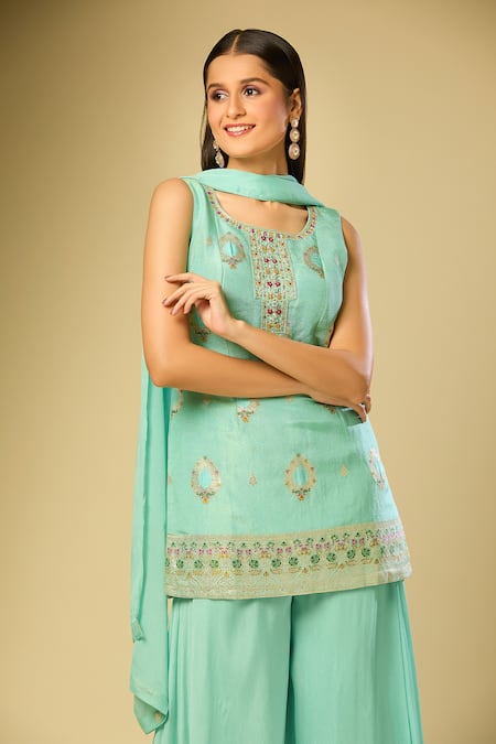 Buy_Samyukta Singhania_Green Cotton Sequins Round Neck Woven Floral Drop Pattern Kurta Palazzo Set_Online_at_Aza_Fashions