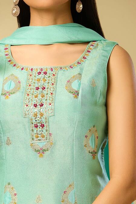 Shop_Samyukta Singhania_Green Cotton Sequins Round Neck Woven Floral Drop Pattern Kurta Palazzo Set_Online_at_Aza_Fashions