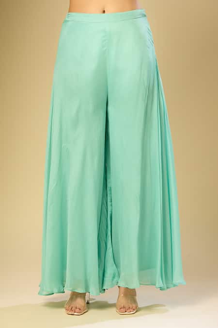 Samyukta Singhania_Green Cotton Sequins Round Neck Woven Floral Drop Pattern Kurta Palazzo Set_at_Aza_Fashions