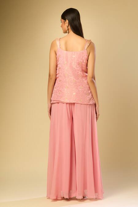 Shop Samyukta Singhania Pink Polyester, Georgette Embroidery Square Woven Floral Kurta And Palazzo Set at Aza Fashions Shop_Samyukta Singhania_Pink Polyester, Georgette Embroidery Square Woven Floral Kurta And Palazzo Set_at_Aza_Fashions
