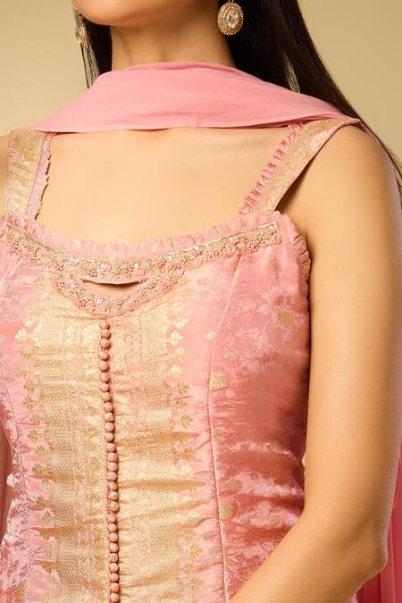 Shop Samyukta Singhania Pink Polyester, Georgette Embroidery Square Woven Floral Kurta And Palazzo Set Online at Aza Fashions Shop_Samyukta Singhania_Pink Polyester, Georgette Embroidery Square Woven Floral Kurta And Palazzo Set_Online_at_Aza_Fashions