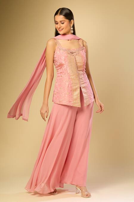 Samyukta Singhania Pink Polyester, Georgette Embroidery Square Woven Floral Kurta And Palazzo Set at Aza Fashions Samyukta Singhania_Pink Polyester, Georgette Embroidery Square Woven Floral Kurta And Palazzo Set_at_Aza_Fashions