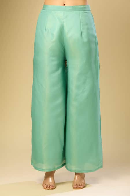 Samyukta Singhania_Teal Silk Embroidery Round Neck Floral Geometric Kurta Set_Online_at_Aza_Fashions