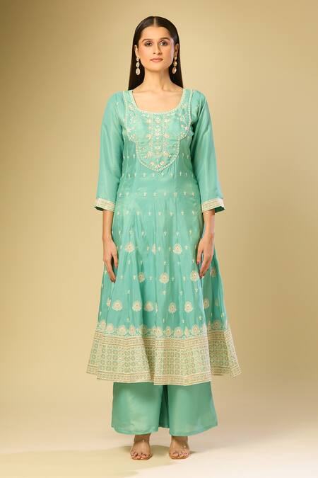 Shop_Samyukta Singhania_Teal Silk Embroidery Round Neck Floral Geometric Kurta Set_Online_at_Aza_Fashions