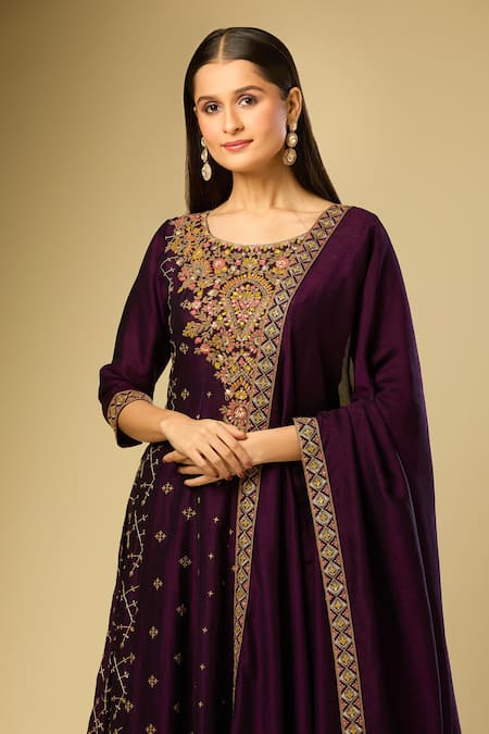 Samyukta Singhania_Purple Cotton Embroidery Round Neck Floral Anarkali Palazzo Set_Online_at_Aza_Fashions