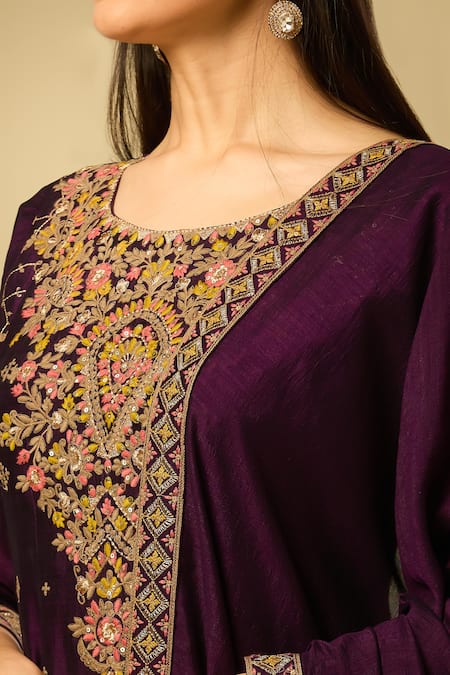 Shop_Samyukta Singhania_Purple Cotton Embroidery Round Neck Floral Anarkali Palazzo Set_Online_at_Aza_Fashions