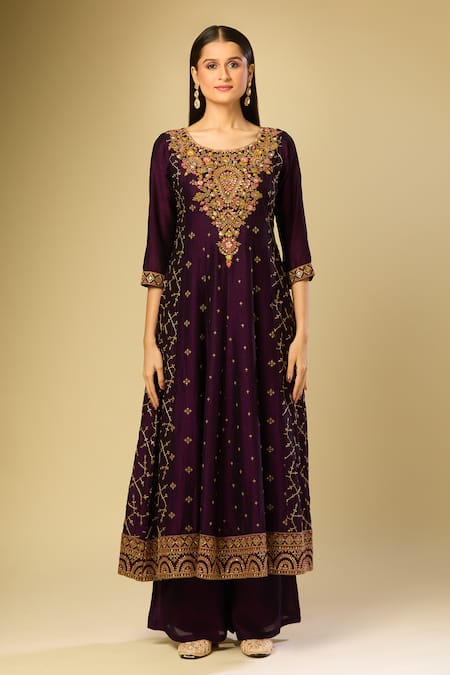 Samyukta Singhania_Purple Cotton Embroidery Round Neck Floral Anarkali Palazzo Set_at_Aza_Fashions