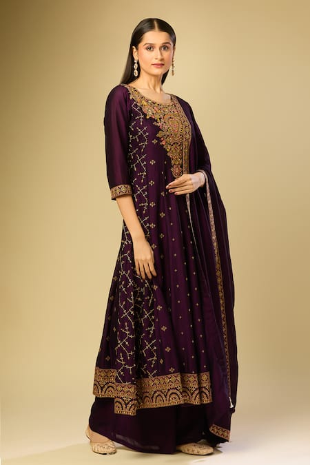 Buy_Samyukta Singhania_Purple Cotton Embroidery Round Neck Floral Anarkali Palazzo Set