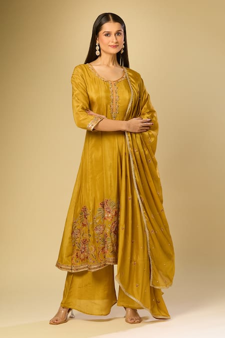 Samyukta Singhania Yellow Silk Embroidery Round Neck Botanic Anarkali Set Online at Aza Fashions Samyukta Singhania_Yellow Silk Embroidery Round Neck Botanic Anarkali Set_Online_at_Aza_Fashions