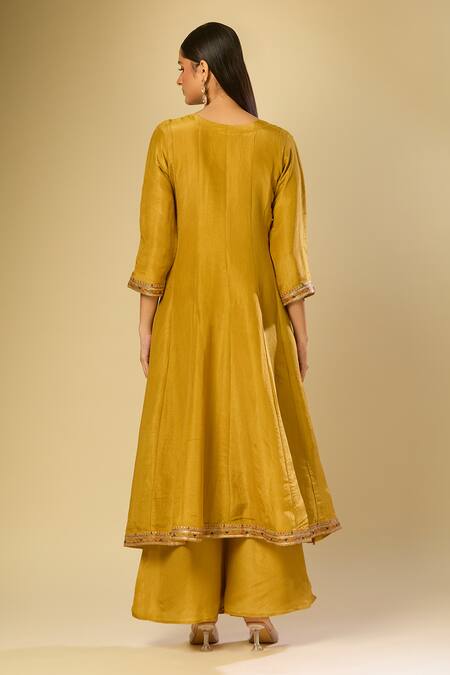 Shop Samyukta Singhania Yellow Silk Embroidery Round Neck Botanic Anarkali Set at Aza Fashions Shop_Samyukta Singhania_Yellow Silk Embroidery Round Neck Botanic Anarkali Set_at_Aza_Fashions