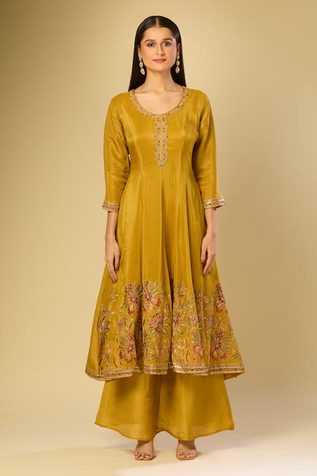 Shop Samyukta Singhania Yellow Silk Embroidery Round Neck Botanic Anarkali Set Online at Aza Fashions Shop_Samyukta Singhania_Yellow Silk Embroidery Round Neck Botanic Anarkali Set_Online_at_Aza_Fashions