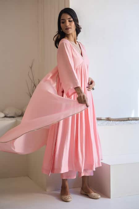 Shop_Avaha_Pink Cotton V-neck Aasai Light Kurta Set _Online_at_Aza_Fashions