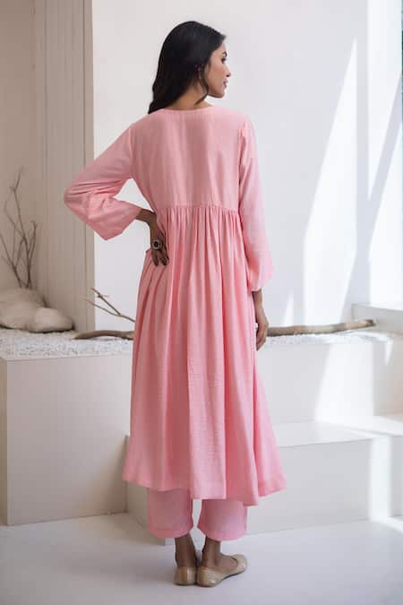 Shop_Avaha_Pink Cotton V-neck Aasai Light Kurta Set _at_Aza_Fashions