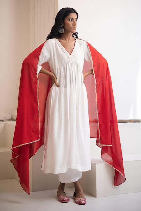 Avaha_Ivory , Satin, Nylon Embroidery A-line Kurta Set With Red Dupatta _Online_at_Aza_Fashions