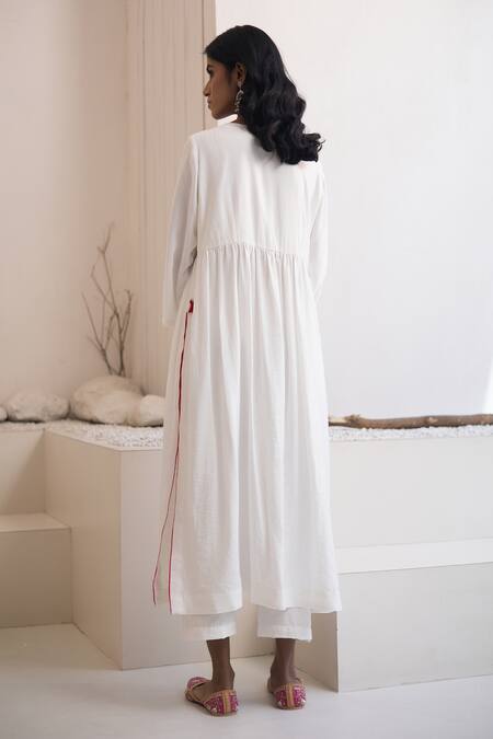 Shop_Avaha_Ivory , Satin, Nylon Embroidery A-line Kurta Set With Red Dupatta _at_Aza_Fashions