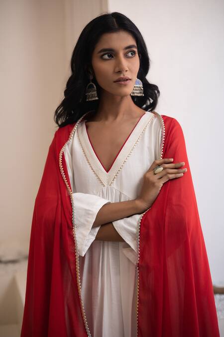 Buy_Avaha_Ivory , Satin, Nylon Embroidery A-line Kurta Set With Red Dupatta _Online_at_Aza_Fashions