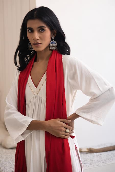 Shop_Avaha_Ivory , Satin, Nylon Embroidery A-line Kurta Set With Red Dupatta _Online_at_Aza_Fashions