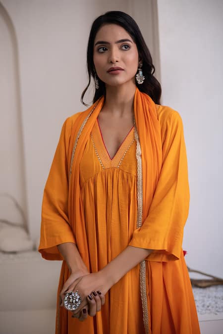 Tuli_Orange Cotton, Silk, Nylon V-neck Narangi A-line Kurta Set _at_Aza_Fashions