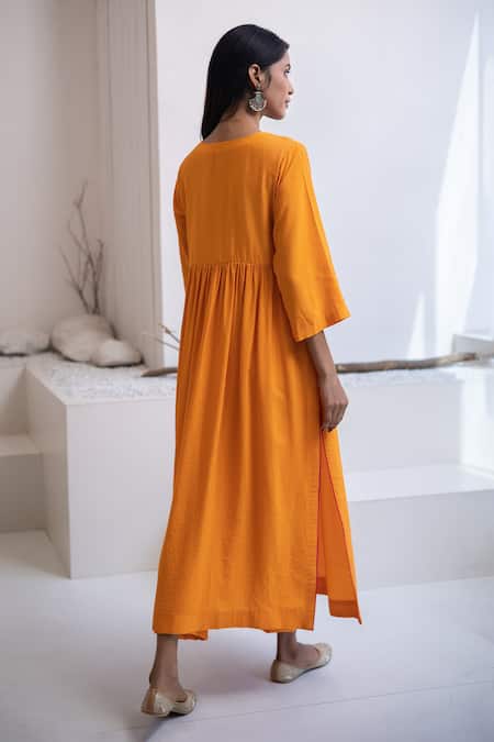 Shop_Tuli_Orange Cotton, Silk, Nylon V-neck Narangi A-line Kurta Set _at_Aza_Fashions