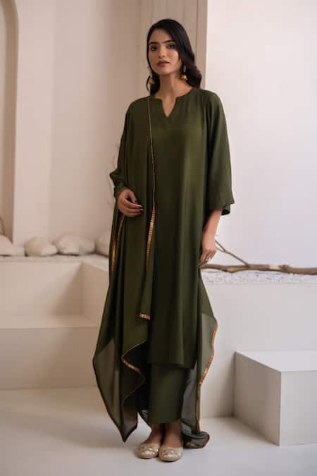 Buy_Avaha_Green Cotton V-neck Designer Maan Kurta Set _Online_at_Aza_Fashions