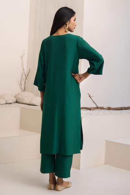 Shop_Avaha_Green Cotton, Silk, Nylon Open Neck Dark Ganga Kurta Set _at_Aza_Fashions