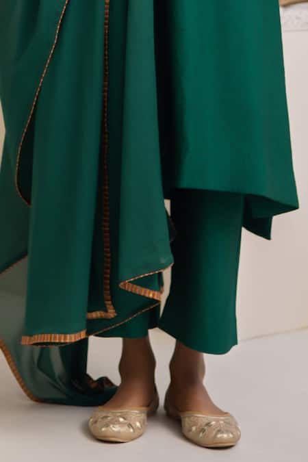 Avaha_Green Cotton, Silk, Nylon Open Neck Dark Ganga Kurta Set _Online_at_Aza_Fashions