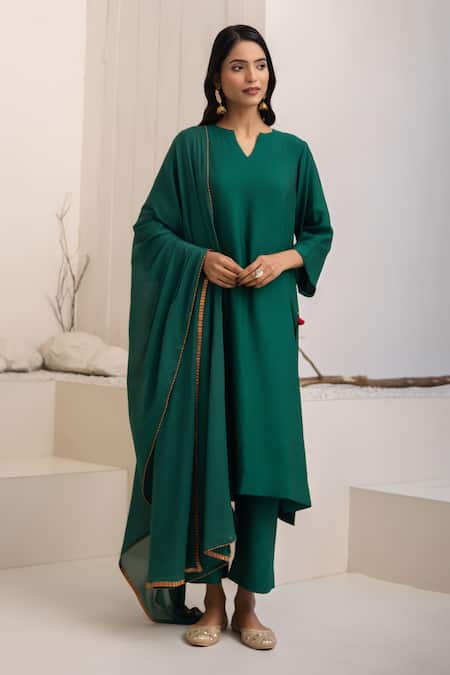 Buy_Avaha_Green Cotton, Silk, Nylon Open Neck Dark Ganga Kurta Set _Online_at_Aza_Fashions