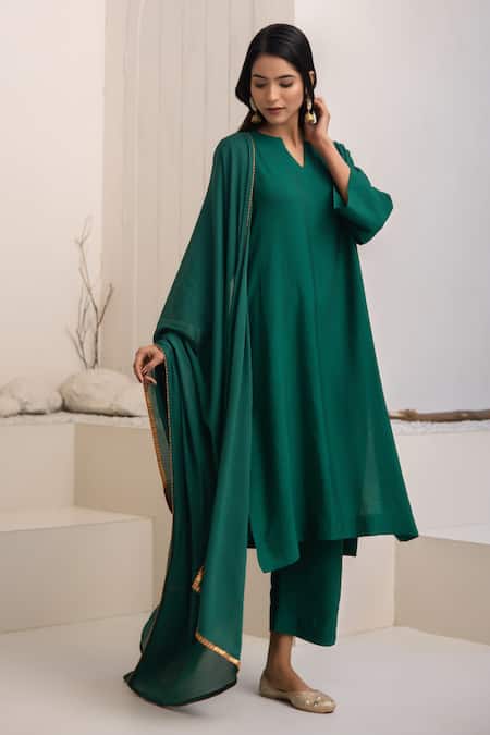 Shop_Avaha_Green Cotton, Silk, Nylon Open Neck Dark Ganga Kurta Set _Online_at_Aza_Fashions