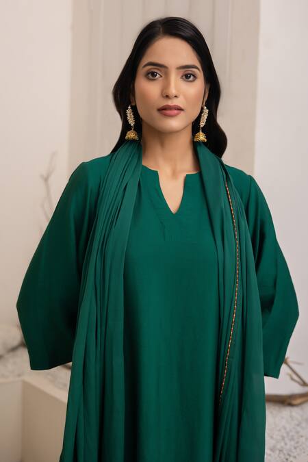 Buy_Avaha_Green Cotton, Silk, Nylon Open Neck Dark Ganga Kurta Set 