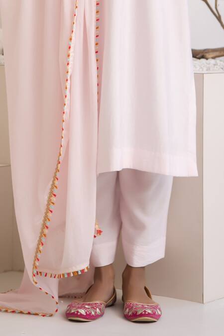Avaha_Pink Cotton, Silk Pom-poms Open Neck Mati Baby Kurta Set _Online_at_Aza_Fashions