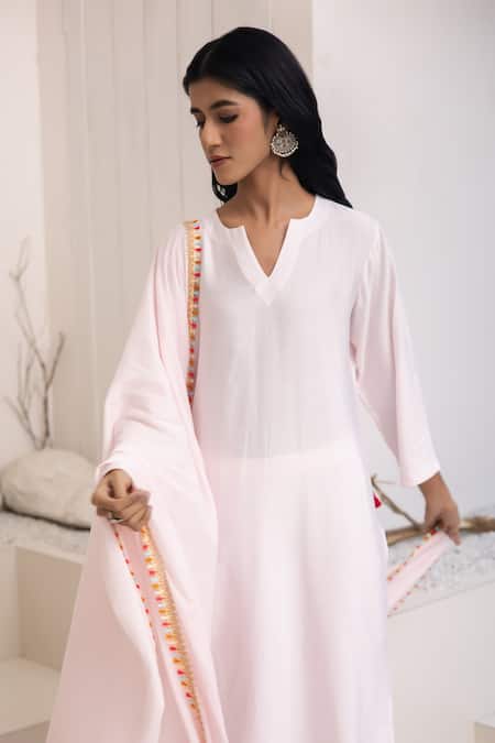 Buy_Avaha_Pink Cotton, Silk Pom-poms Open Neck Mati Baby Kurta Set _Online_at_Aza_Fashions