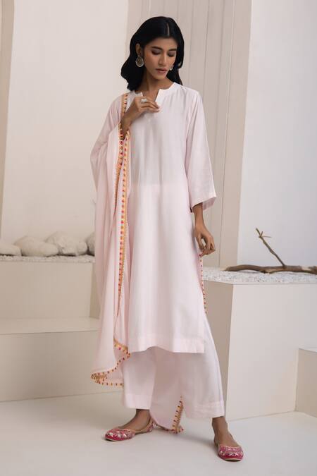 Avaha_Pink Cotton, Silk Pom-poms Open Neck Mati Baby Kurta Set _at_Aza_Fashions