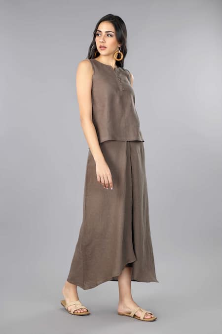 Gothilo_Brown Linen V-neck Mocha Mousse Top And Pleated Skirt Set _Online_at_Aza_Fashions